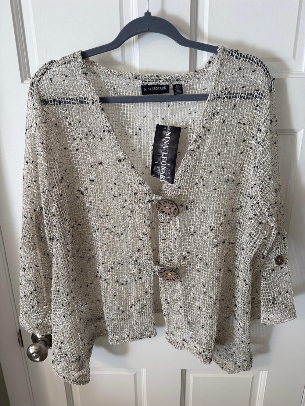 NWT Nina Leonard Cream Open-Knit Mesh Cardigan Jacket Coconut Buttons Artsy 2X